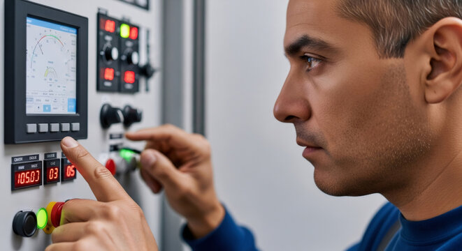 Engineer man operating industrial control panel. Electrician adjusting parameters on automation system. City electric system concept.