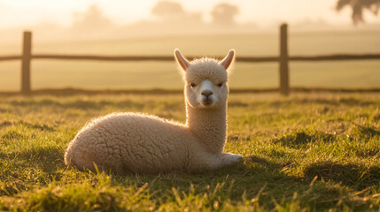 Fototapeta premium Adorable alpaca lounging in a sun-drenched field, creating a tranquil and heartwarming scene. Soft golden light enhances the charm of this serene moment.