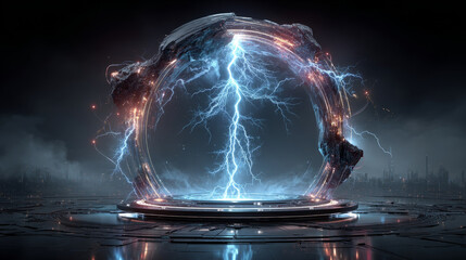 Blue thunder bolt light and electric energy discharge in form of circle on black background. Realistic 3d vector illustration round frame from storm lightning power effect. Thunderbolt strike border.