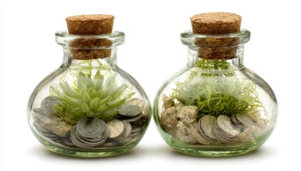 Two glass jars, corked, with small succulents and coins inside