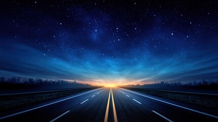 Deep blue sky with minimalist stars above empty highway, calm and cinematic tone