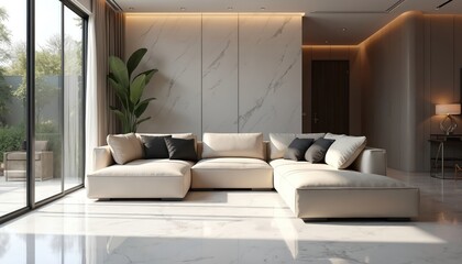Luxury living room interior featuring white marble floor beige corner sofa. Modern apartment with big window, natural light. Comfortable furniture, stylish home design, contemporary decor.