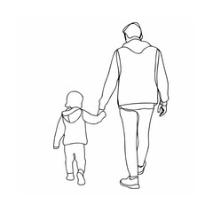 Father and child walking hand in hand silhouette line art in modern minimalist style