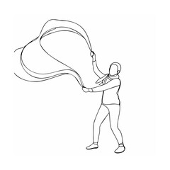 Simple black and white illustration of a person holding and waving a flowing ribbon
