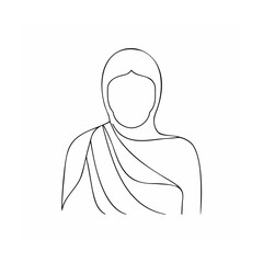 Simple black line art illustration of a person wearing drapery and a headdress