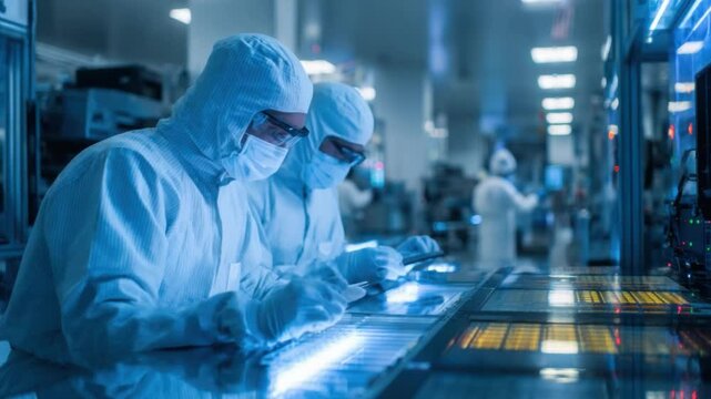 Technicians Inspecting Circuit Boards: Two technicians in sterile suits meticulously inspect circuit boards in a high-tech cleanroom. The image highlights precision.