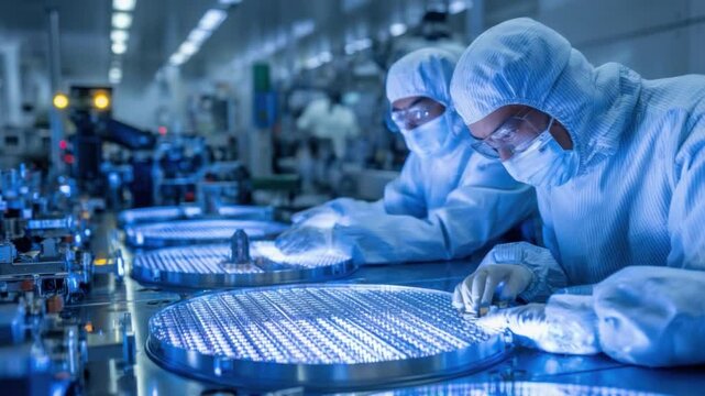 Precision Engineers: Highly skilled engineers meticulously inspect silicon wafers in a cleanroom environment, showcasing technological prowess and dedication to quality. 