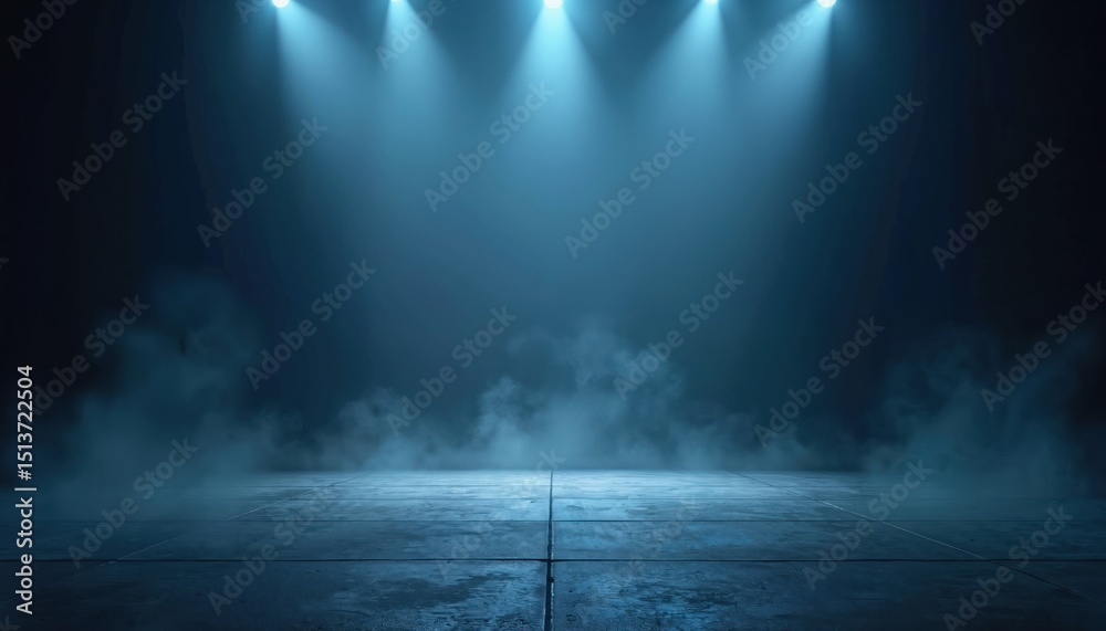 Poster dark empty stage illuminated by spotlights. blue neon lights create atmosphere. foggy studio scene, 