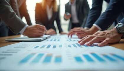 Team of business people analyze charts, graphs during meeting. Sales managers discuss project data at table. Teamwork, strategy, planning, financial reports. Business people in suits work together.