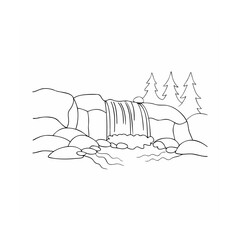Outline illustration of a waterfall scene with trees and rocks in a nature landscape