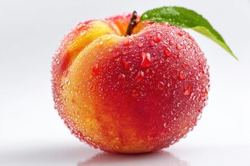 Close-up of a fresh peach covered in water droplets.