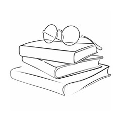 Simple line art stack of books with eyeglasses depicting literature education and reading