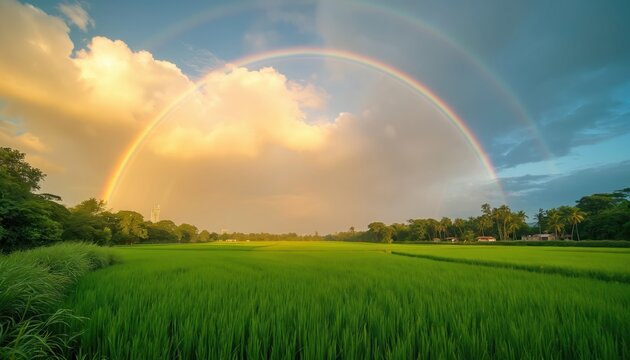 Amazing summer landscape of green rice fields. Dramatic colorful sky with double rainbow arch after rain, evening sunlight. Countryside nature scenery. Beautiful sunny day. Farm with plants,
