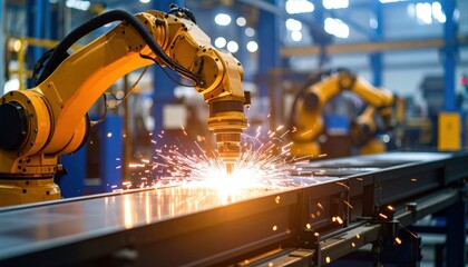 Automated precision: Robotic welding arm in manufacturing process with bright sparks