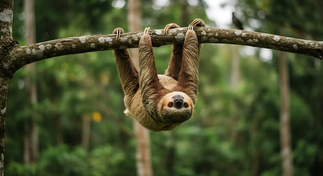 Brown three-toed sloth hanging upside down on thick forest branch