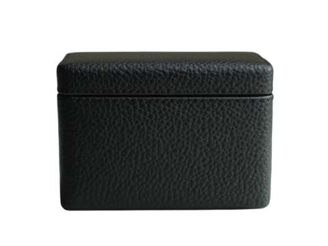 A black leather box with a black handle