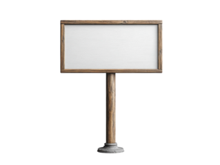 A wooden sign with a white background
