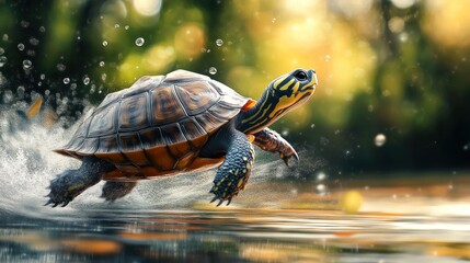 A turtle running fast on water, splashing.
