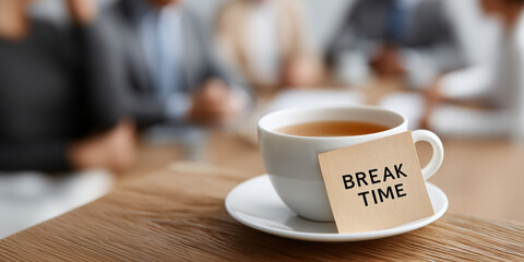 A tea cup and saucer with a "Break time" note on a wooden desk