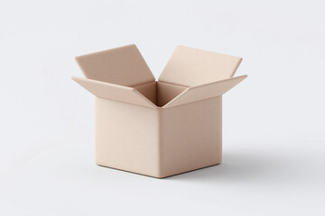 An opened empty cardboard box with flaps extending outwards