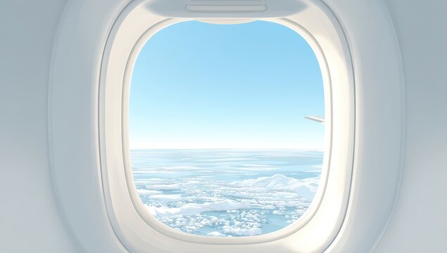 Airplane window view of fluffy clouds and sky