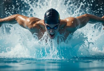 A swimmer in a black cap and goggles powers through a pool with water splashing around, ideal for sports photography, fitness promotions, or competitive swimming themes.