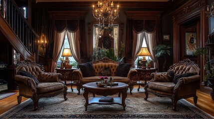 An opulent and inviting living room exudes old-world charm with its rich textures and details