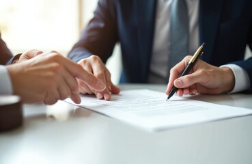 Business partners sign contract agreement. Lawyer, client discuss terms legal document. Meeting. Man signs paper, consults, advises on deal. Contract signing. Legal counsel provides legal protection.