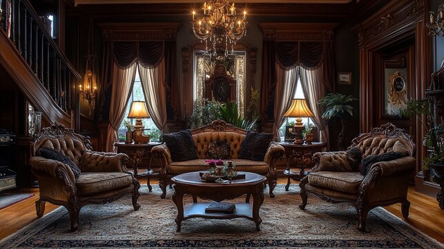 An opulent and inviting living room exudes old-world charm with its rich textures and details