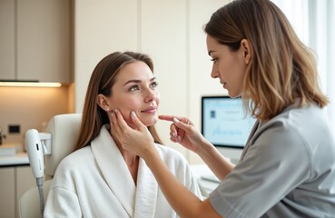 Beautician performs facial skin analysis, points cheek of female patient in beauty clinic. Cosmetologist examines face skin for wrinkles, imperfections. Skin treatment in spa, cosmetology.