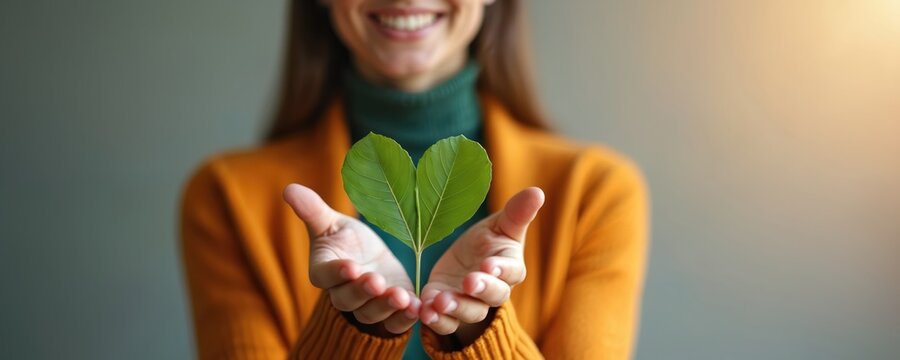 Smiling woman holding heart shape green leaf. ESG, eco friendly sustainable resources. Environmental ecology care concept. Symbol of green energy. Corporate social responsibility. Nature