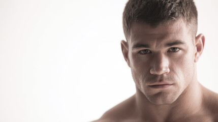 dynamic portrait of grecoroman wrestler intense emotion on his face positioned on right side of frame