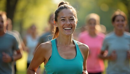 Group people run charity run. Smiling young woman with ponytail ahead. Friends, family together outdoors, green background, healthy lifestyle. Sports, fun, happiness, sport.