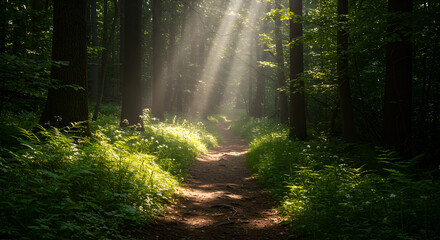 Sunbeams filtering through a forest path in the early morning.