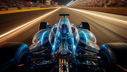 Obraz premium Transparent formula 1 race car speeding through night circuit under bright lights