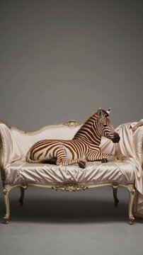 Z&egrave;bre se pr&eacute;lassant sur un canap&eacute; baroque en satin beige