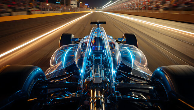 Transparent formula 1 race car speeding through night circuit under bright lights