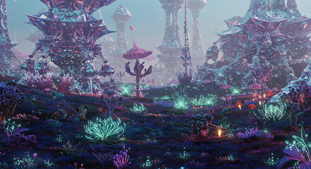Alien Landscape with Strange Flora and Crystalline Structures