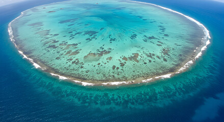 Aerial view of a tropical atoll with turquoise water.