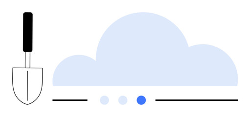 Shovel next to a minimalist blue cloud with a loading bar and progress indicator. Ideal for data storage, cloud computing, backups, progress tracking, file uploads, eco-tech, simple landing page