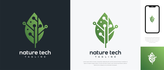 Green leaf technology logo design template. Nature leaf digital technology logo design vector icon	
