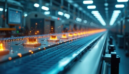 Naklejka premium Modern semiconductor fabrication plant, clean organized production factory DX industry concept. Production line with advanced microchips. High technology automated process, quality control, metrology.