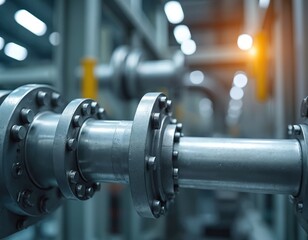 Fototapeta premium Industrial piping system in modern factory assembly. Steel pipes connected by metal flanges with bolts. Manufacturing infrastructure tech process. Engineering, production equipment, system