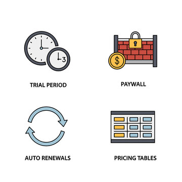 Time, Security, and Value: A collection of clear, minimalist icons representing digital security and business concepts: trial periods, paywalls, auto-renewals, and pricing tables.