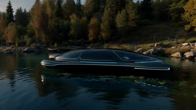 Black hovercar floats on lake at dusk. Great for sci-fi transport, future mobility, or cinematic scenes.