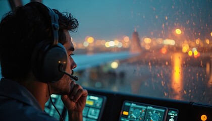 Air traffic controller monitors flights from control tower at night. Focused man wearing headset, looking out of window at city lights. Pro occupation related to aviation industry. Technology,