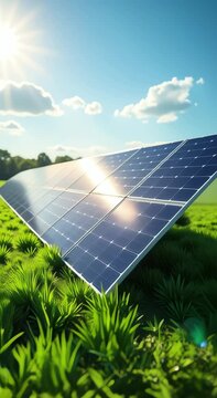 image shows solar panel middle lush green field surrounded trees bright blue sky sun shining