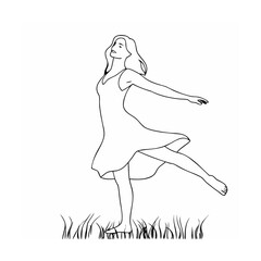 Minimalist line drawing of a graceful woman dancing in a meadow outdoors with freedom