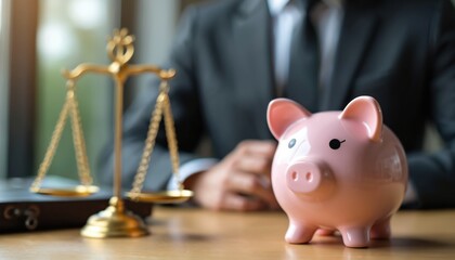 Businessman in suit with piggy bank, justice scales. Financial security, wealth protection, savings, investment, legal business services. Balancing money, law.