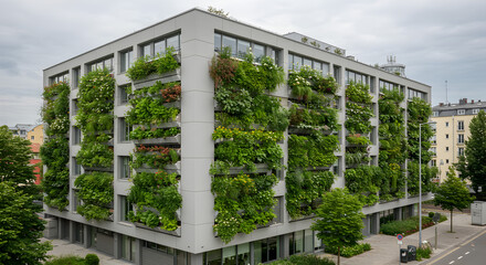 Modern building with green living facade in Munich, Germany.